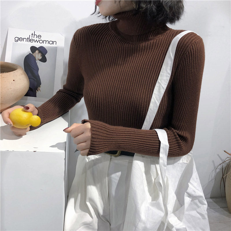 Brown ribbed turtleneck sweater