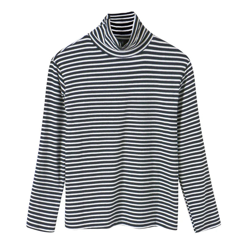 A black and white horizontally striped long-sleeved turtleneck top with a soft, ribbed texture
