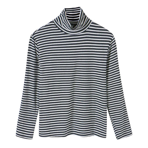 A black and white horizontally striped long-sleeved turtleneck top with a soft, ribbed texture