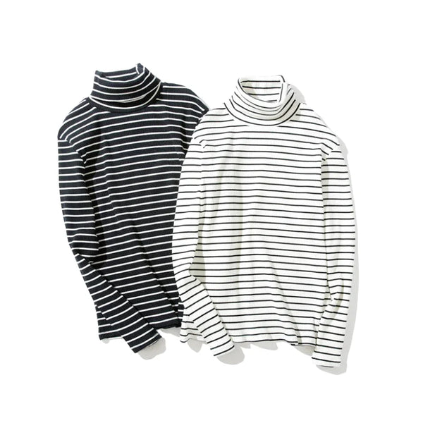 Black and white striped turtleneck long-sleeve tops