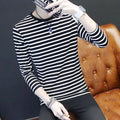 Black and white horizontally striped long-sleeve crew neck shirt