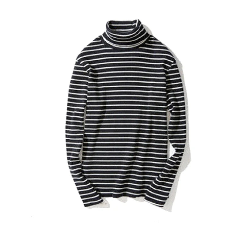Black and white horizontally striped turtleneck long-sleeve top