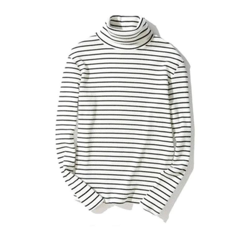 A classic black-and-white horizontally striped turtleneck sweater with a soft, ribbed collar and cuffs