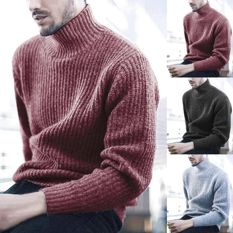 A cozy, ribbed-knit turtleneck sweater in a rich burgundy hue