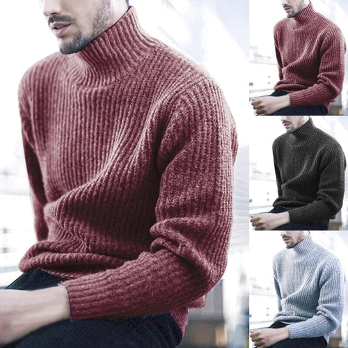 A cozy, ribbed-knit turtleneck sweater in a rich burgundy hue
