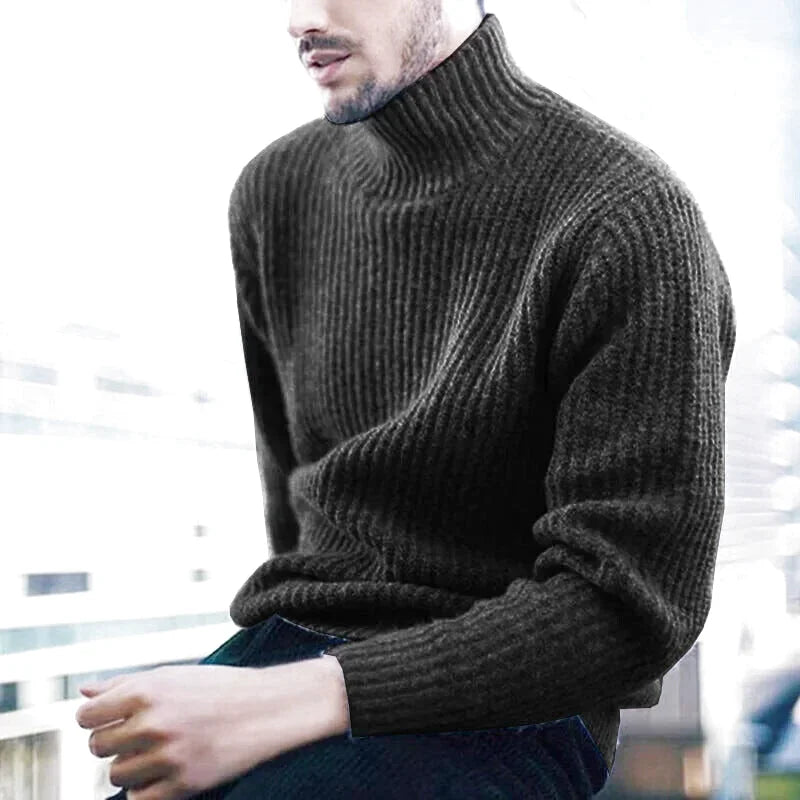 Dark brown ribbed knit turtleneck sweater