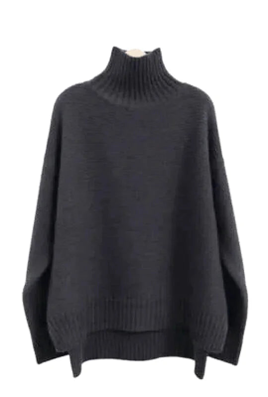 Black, oversized turtleneck sweater with ribbed cuffs and hem