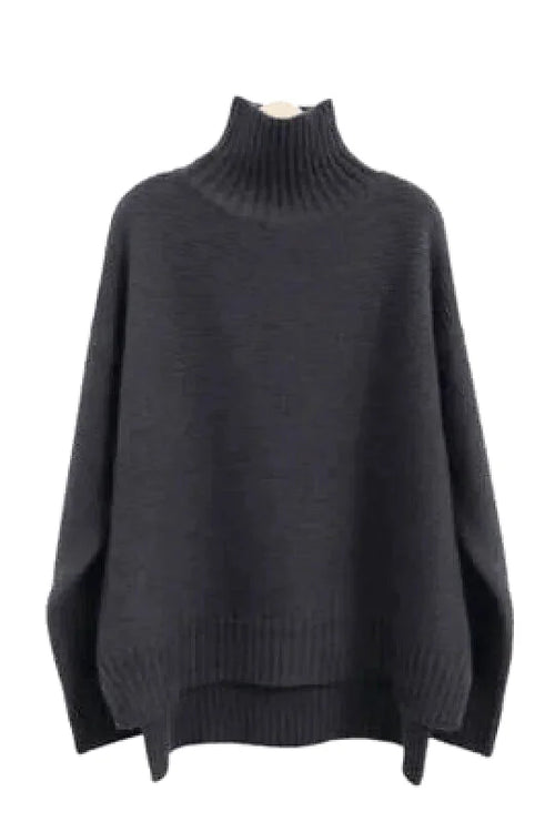 Black, oversized turtleneck sweater with ribbed cuffs and hem