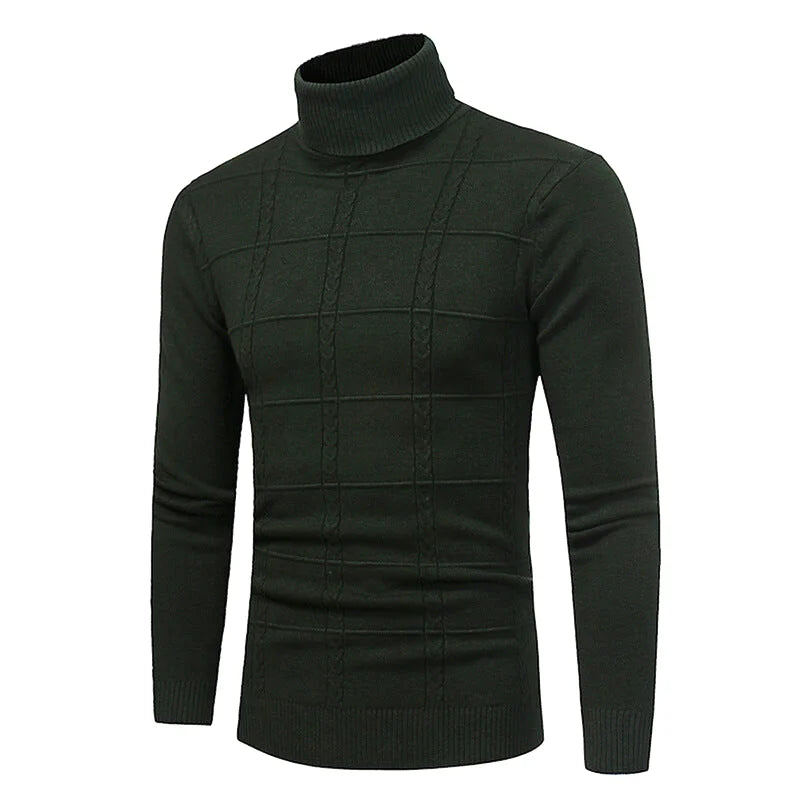Dark green turtleneck sweater with a textured cable-knit grid pattern across the chest and shoulders
