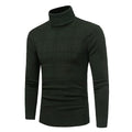 Dark green turtleneck sweater with a textured cable-knit grid pattern across the chest and shoulders