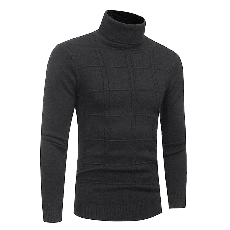 Black turtleneck sweater with a textured grid pattern across the chest and ribbed cuffs
