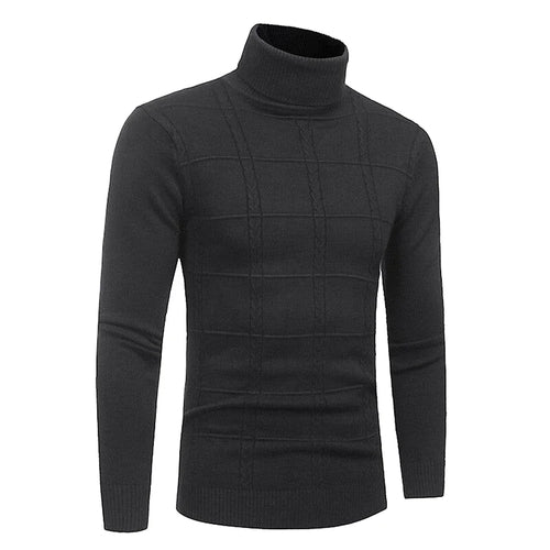 Black turtleneck sweater with a textured grid pattern across the chest and ribbed cuffs