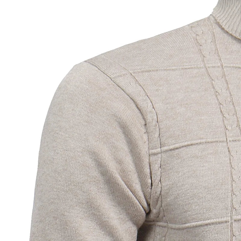 Beige cable-knit turtleneck sweater with ribbed detailing