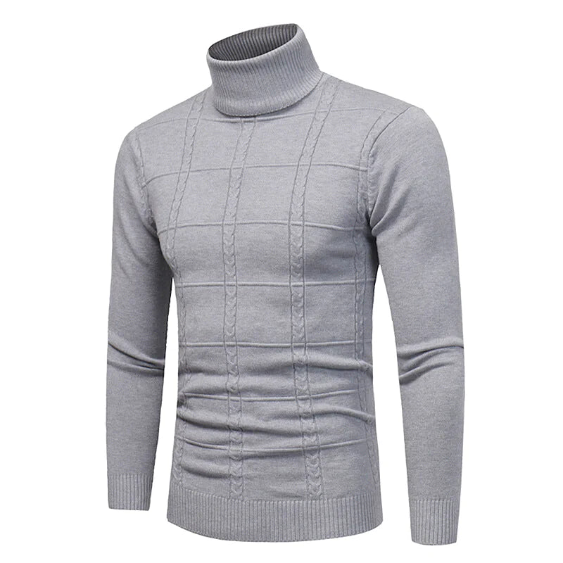 Gray turtleneck sweater with a cable-knit pattern across the chest and ribbed cuffs