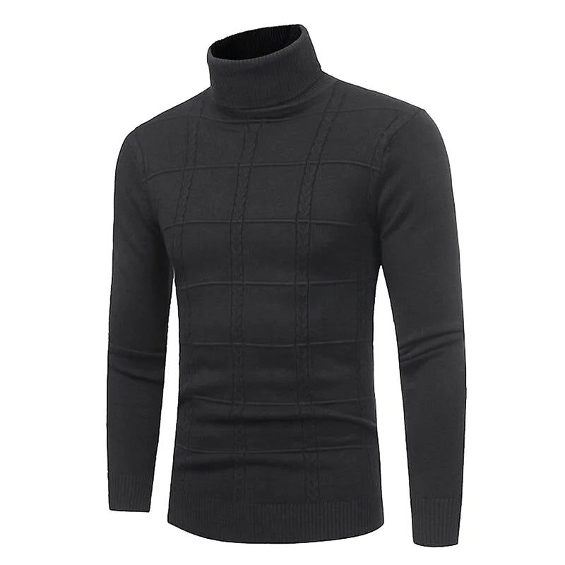 Black turtleneck sweater with a subtle grid pattern knit design