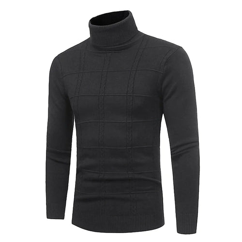 Black turtleneck sweater with a subtle grid pattern knit design