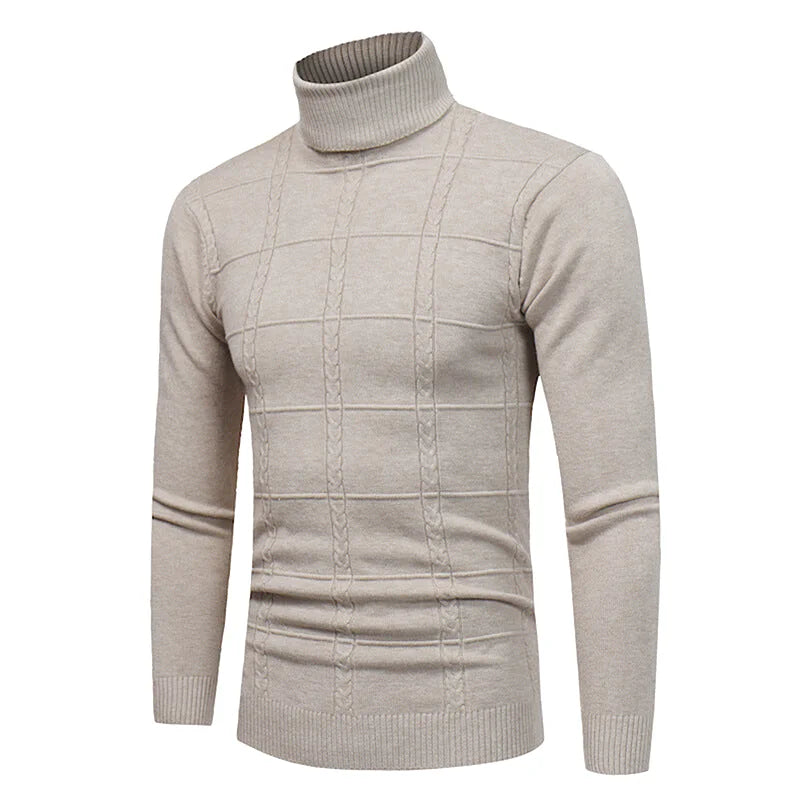 Beige turtleneck sweater with a cable-knit grid pattern and ribbed cuffs