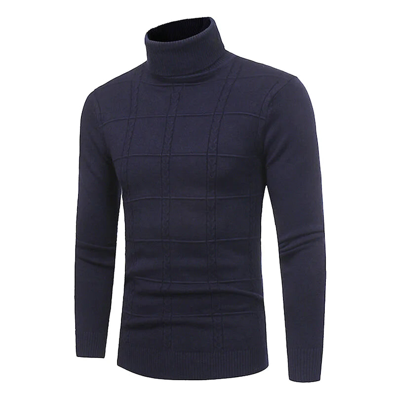 Dark navy blue turtleneck sweater with a subtle grid pattern knit design