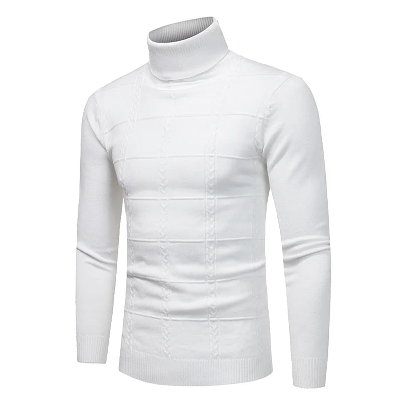White turtleneck sweater with ribbed cuffs and hem, featuring a subtle cable-knit pattern across the chest