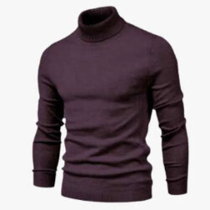 Dark purple turtleneck sweater with a fitted, ribbed knit design