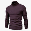 Dark purple turtleneck sweater with a fitted, ribbed knit design