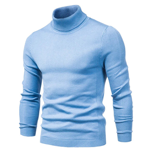 Light blue turtleneck sweater with ribbed cuffs and hem