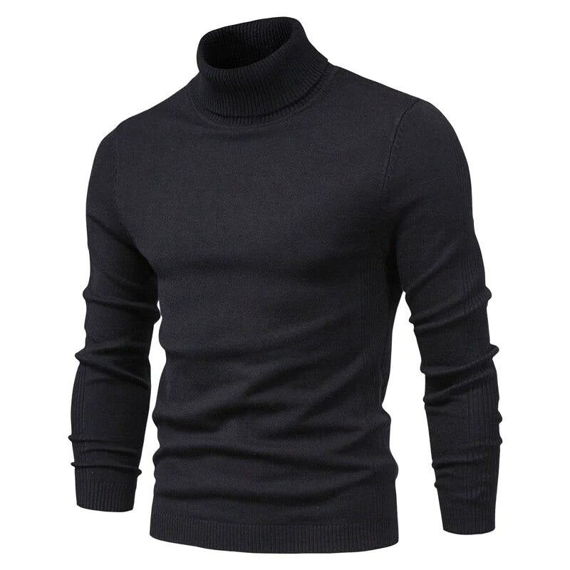 Black turtleneck sweater with ribbed cuffs and hem