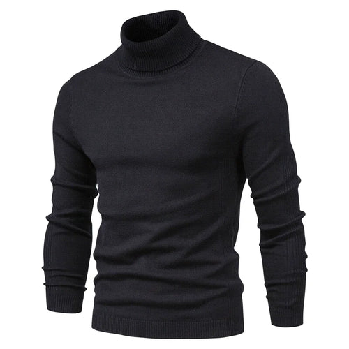 Black turtleneck sweater with ribbed cuffs and hem