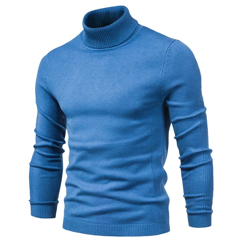 A solid blue, ribbed-knit turtleneck sweater with a slim fit and long sleeves