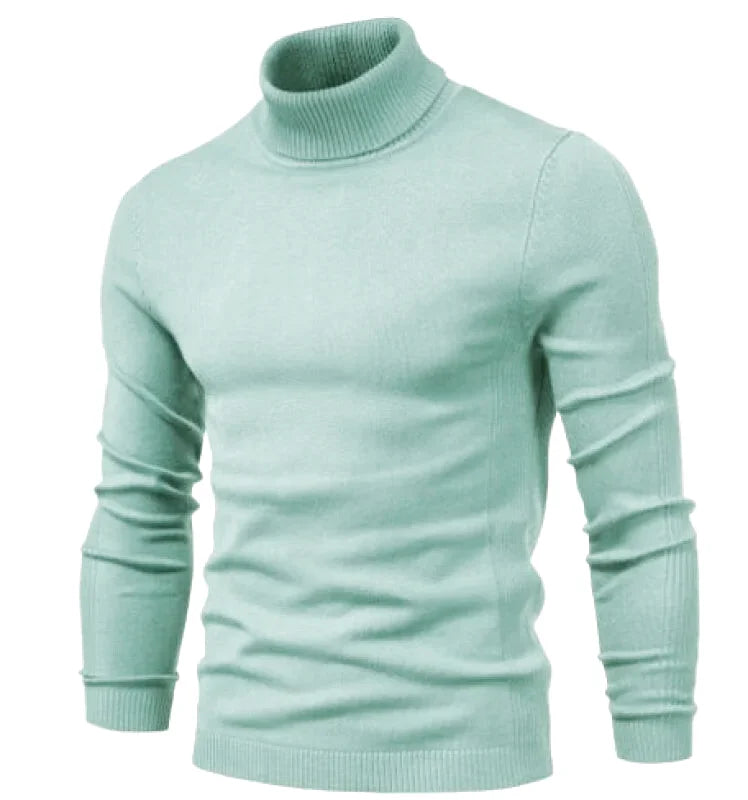 A slim-fitting mint green turtleneck sweater with a ribbed knit texture and long sleeves