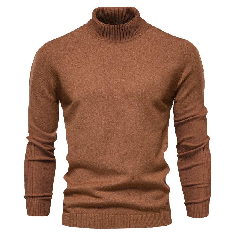 A warm brown turtleneck sweater with a ribbed collar, cuffs, and hem