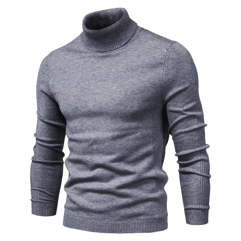 A sleek, heather gray turtleneck sweater with ribbed cuffs and hem