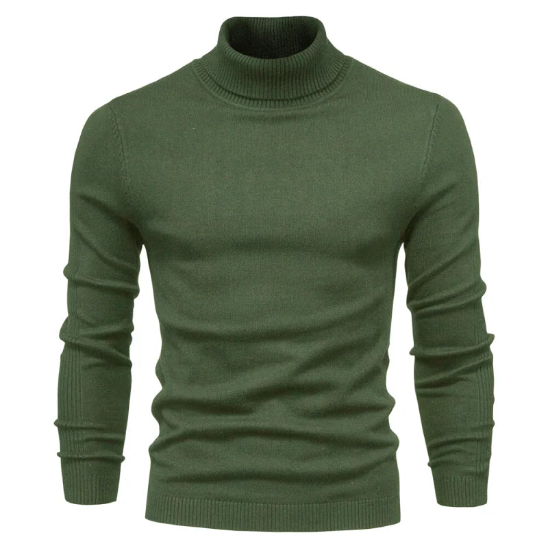 Olive green turtleneck sweater with ribbed cuffs and hem