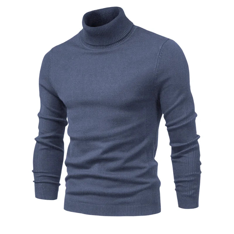 A navy blue ribbed knit turtleneck sweater with a slim fit and long sleeves