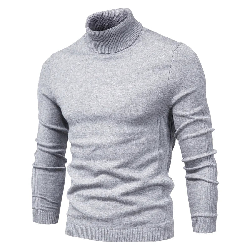 A sleek, heather gray turtleneck sweater with ribbed cuffs and hem
