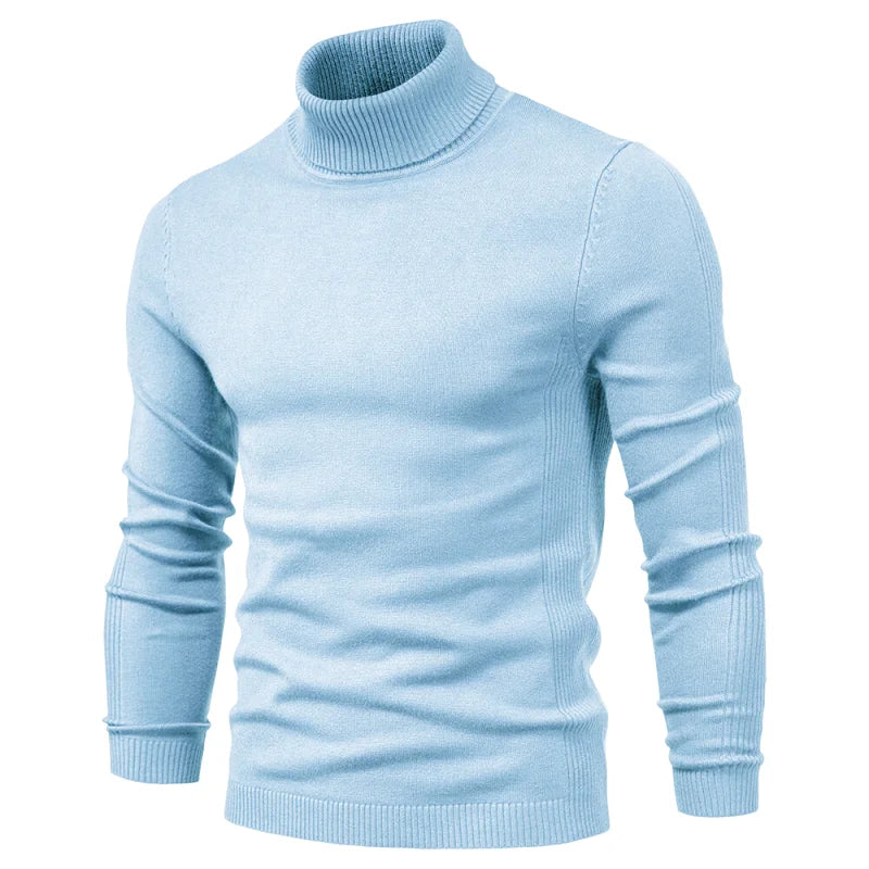 A light blue, ribbed-knit turtleneck sweater with a slim fit and long sleeves