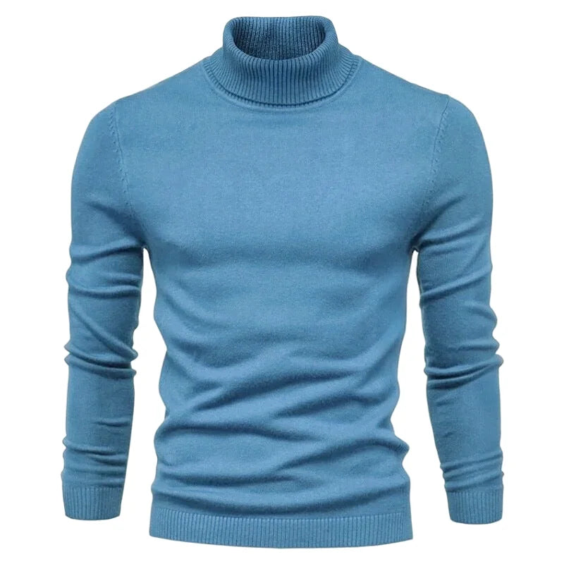 A slim-fitting, light blue turtleneck sweater made of soft knit fabric