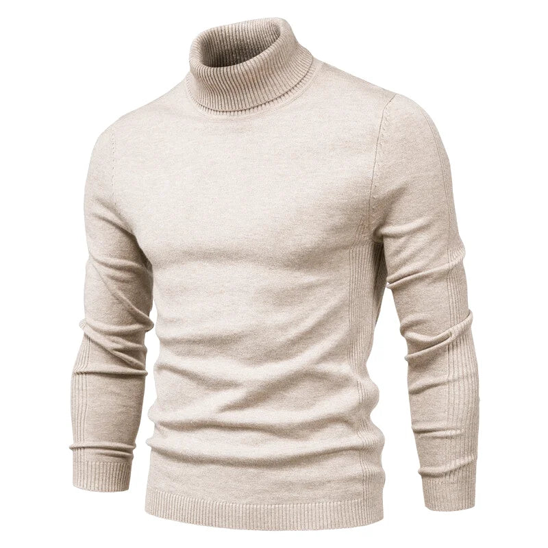 Beige ribbed turtleneck sweater with a slim fit and textured knit fabric