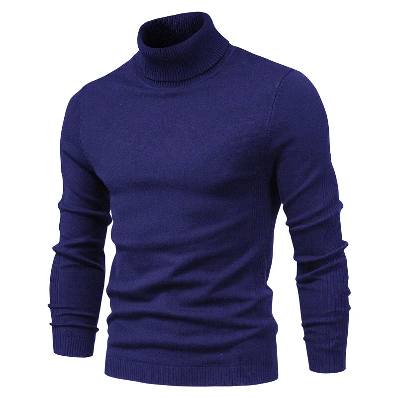 A navy blue turtleneck sweater with a ribbed knit texture and fitted silhouette