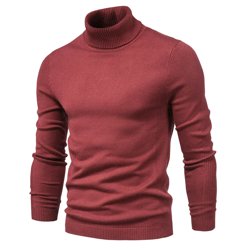 A maroon turtleneck sweater with a ribbed knit texture and fitted silhouette