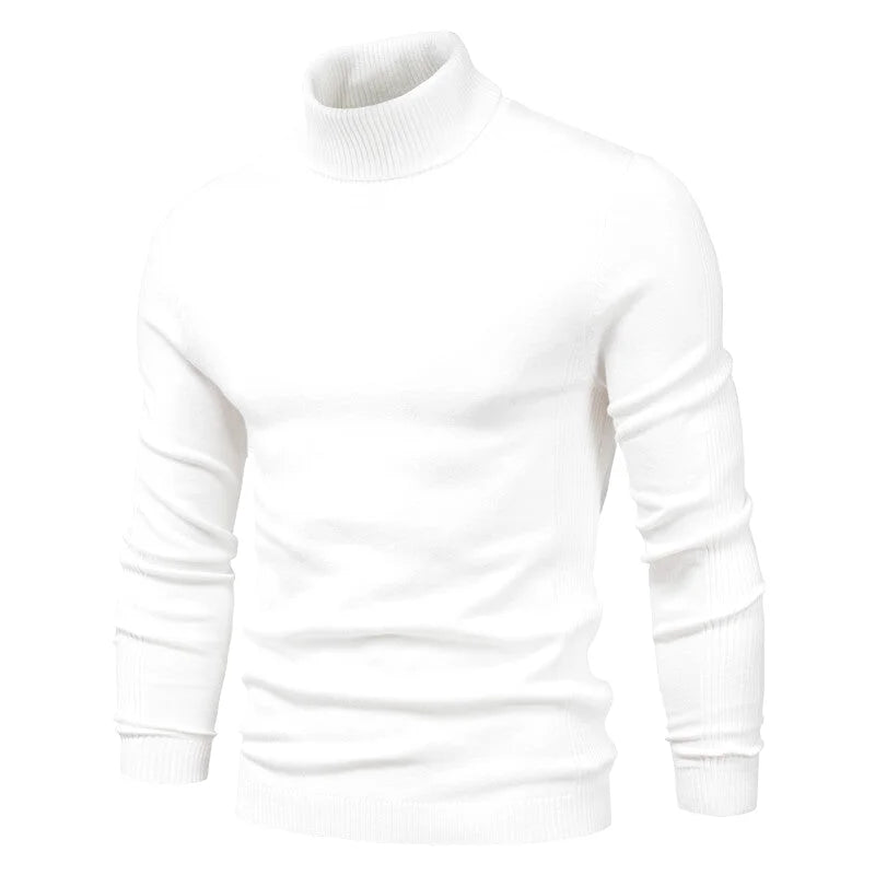 White turtleneck sweater with a ribbed collar and cuffs, crafted from smooth knit fabric