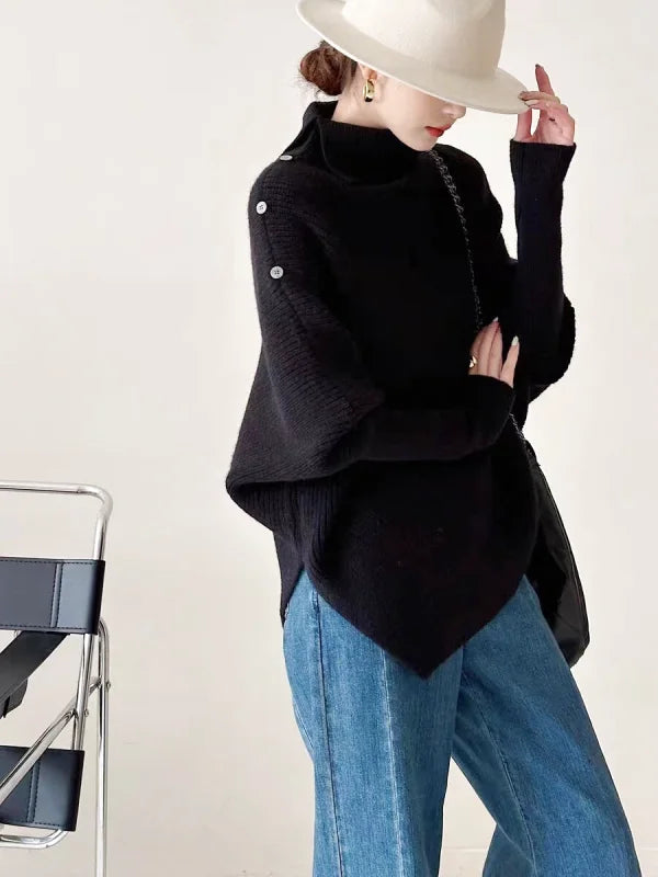 Black high-neck knit sweater with button details on the sleeve