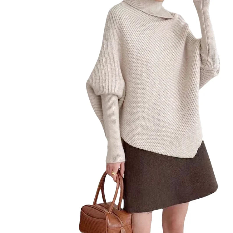 Beige ribbed knit turtleneck sweater with voluminous sleeves