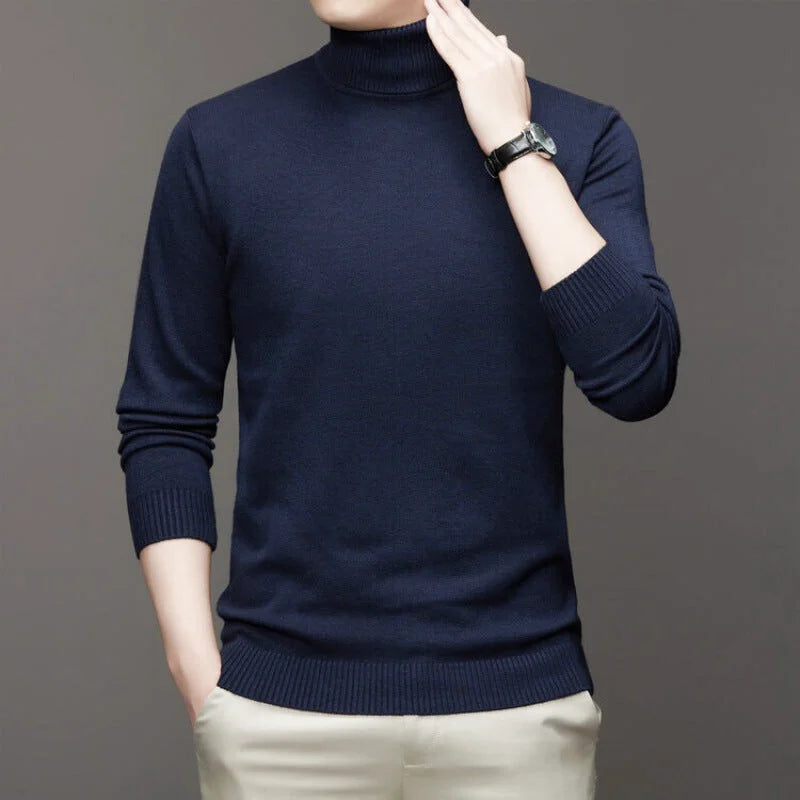 Navy blue ribbed-knit turtleneck sweater