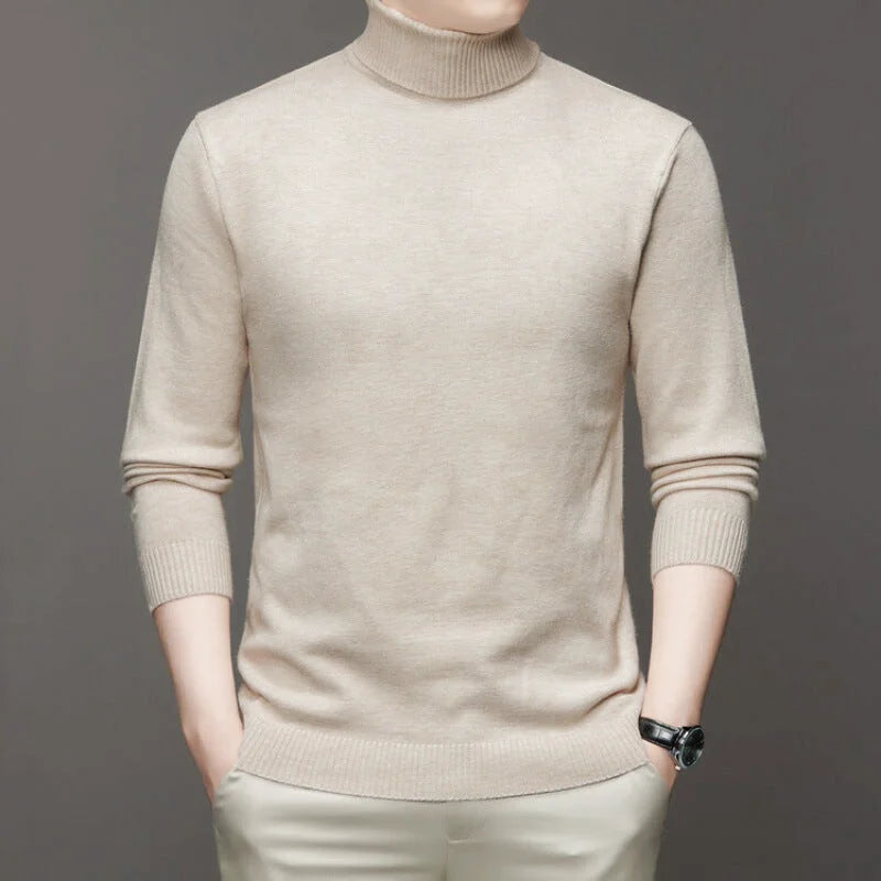 Beige turtleneck sweater with ribbed cuffs and hem
