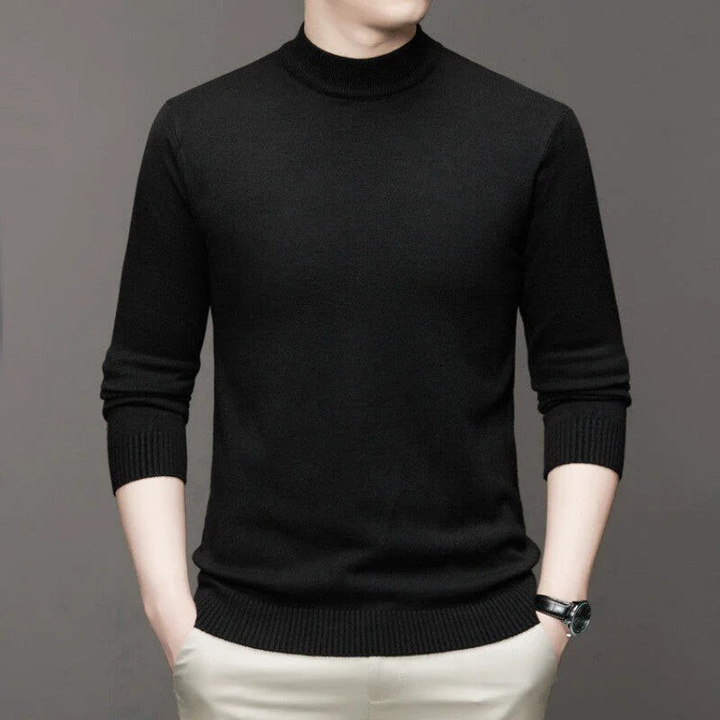 Black turtleneck sweater with ribbed cuffs and hem