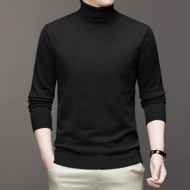 Black turtleneck sweater with ribbed cuffs and hem