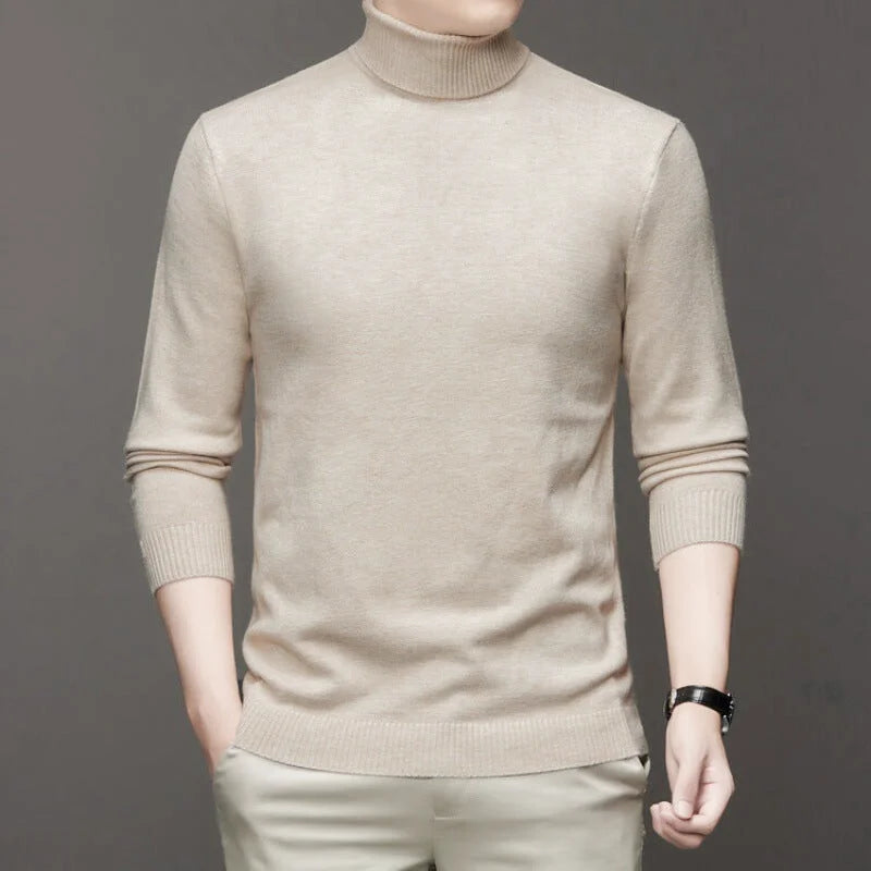 Beige turtleneck sweater with ribbed cuffs and hem, crafted from soft knit material