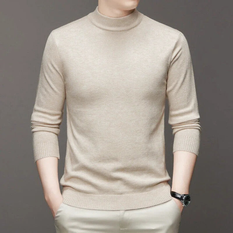 Beige turtleneck sweater with ribbed cuffs and hem