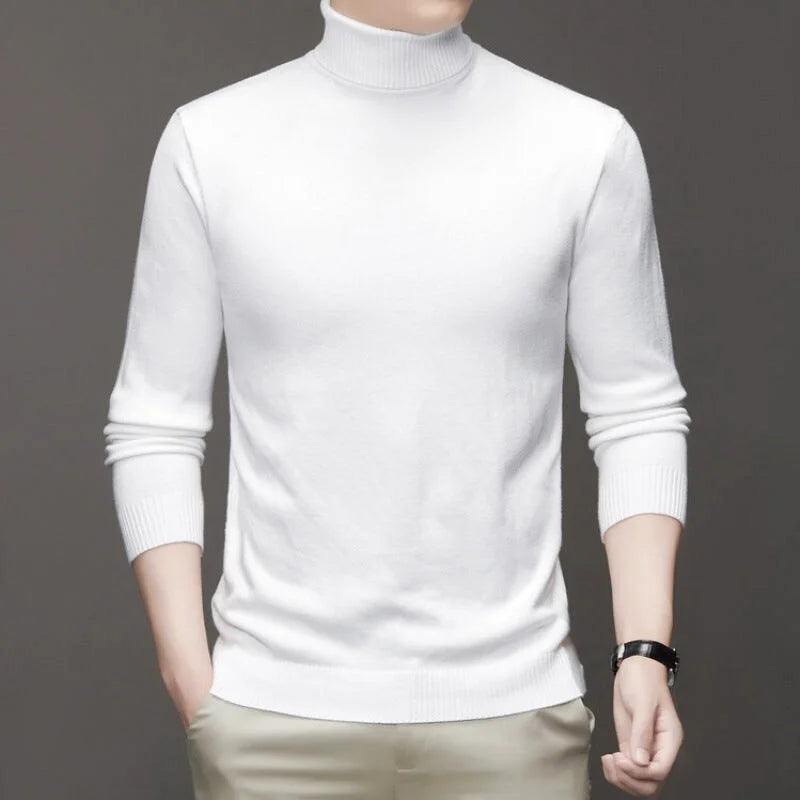 White turtleneck sweater with ribbed cuffs and hem